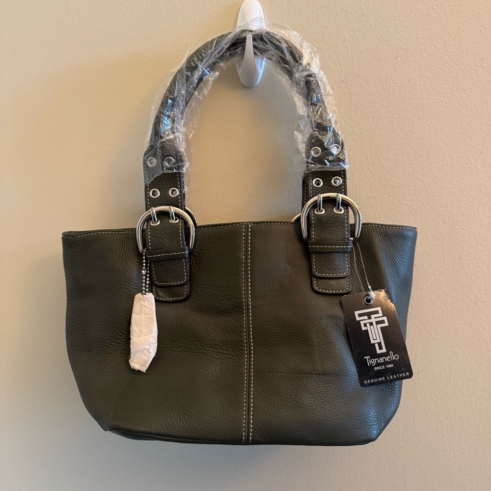 Tignanello Genuine Leather Shoulder Tote Bag Green Silver Hardware NWT
